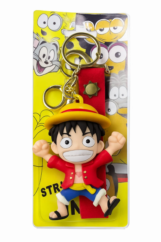 Monkey D. Luffy Keychain – One Piece Anime Rubber Key Ring with Red Strap & Gold Char