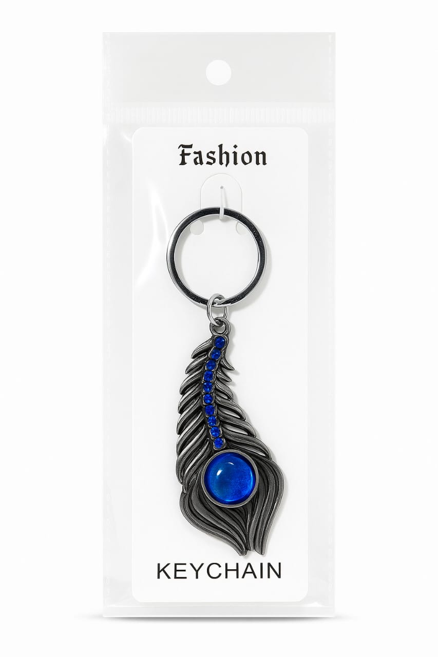 Peacock Feather Keychain – Antique Silver Finish with Blue Gemstone & Crystal Accents