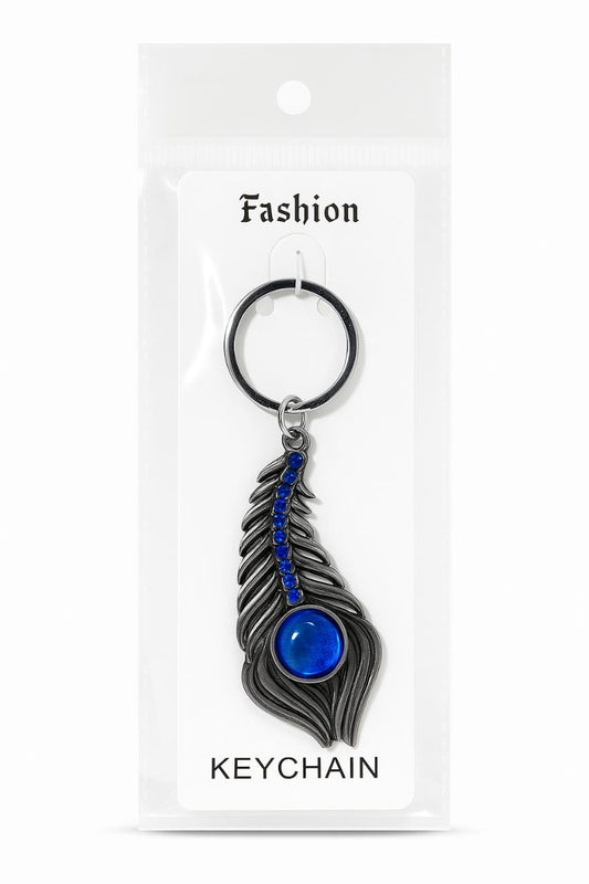 Peacock Feather Keychain – Antique Silver Finish with Blue Gemstone & Crystal Accents